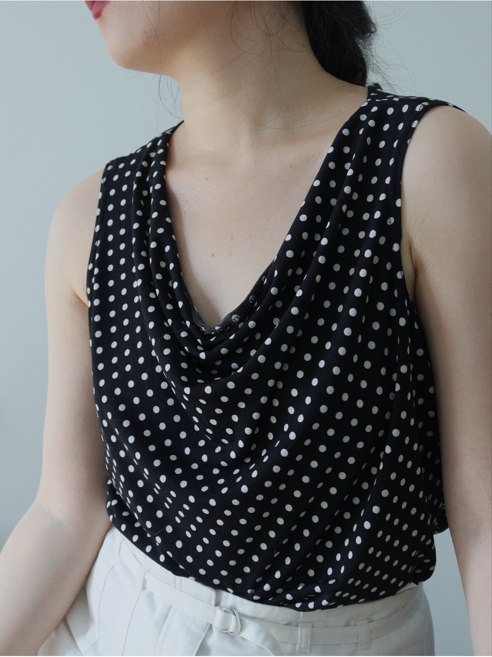 Black Polka Dot Sleeveless Cowl Neck Top
